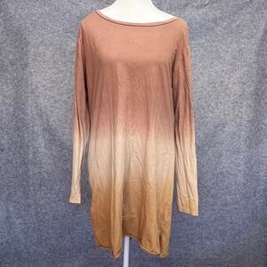 Umgee Brown Tan Ombre Dip Dye Long Sleeve Tunic Mini Dress Loungewear Medium